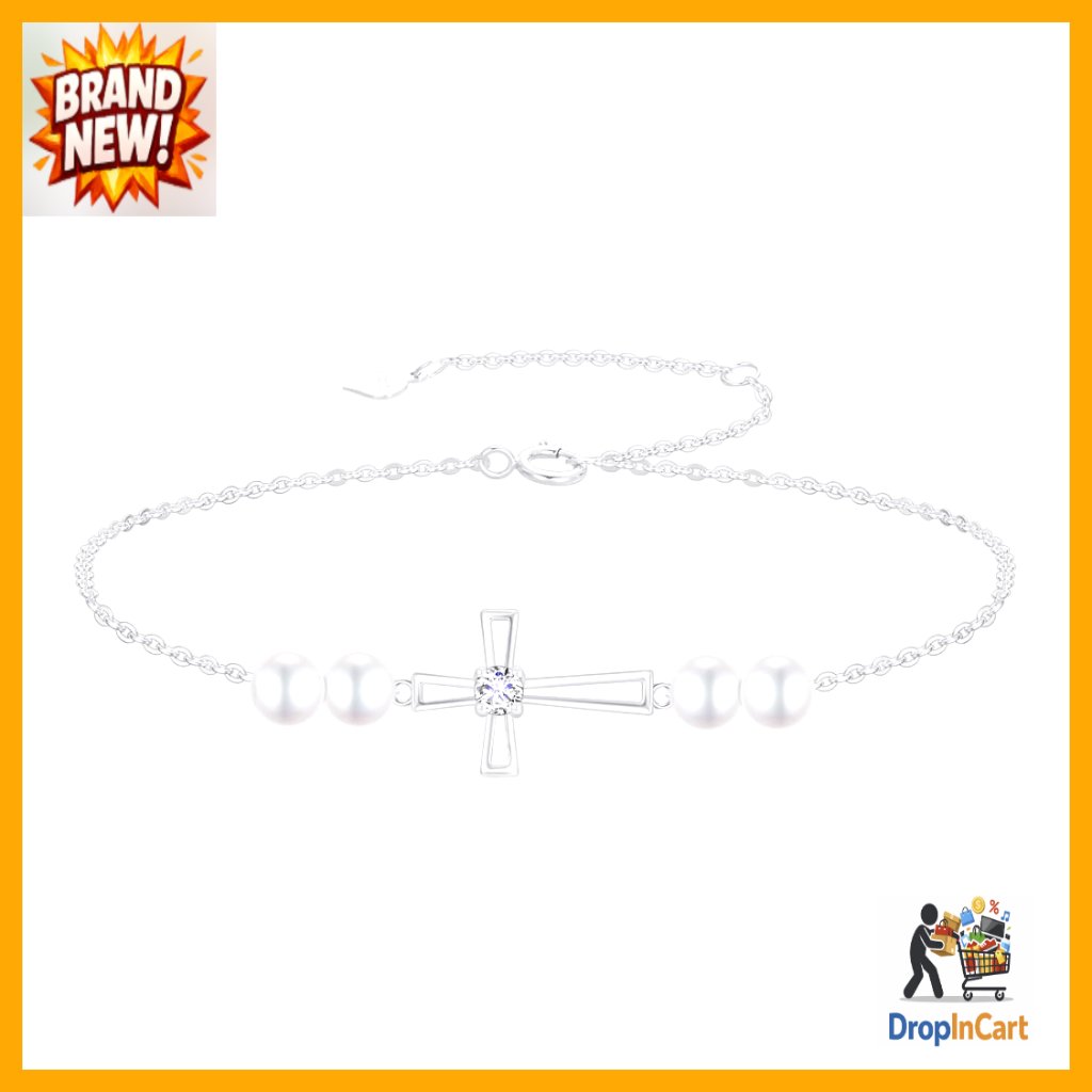 10k Gold Cross Anklet With Moissanite And Pearl Elegant Religious Jewelry